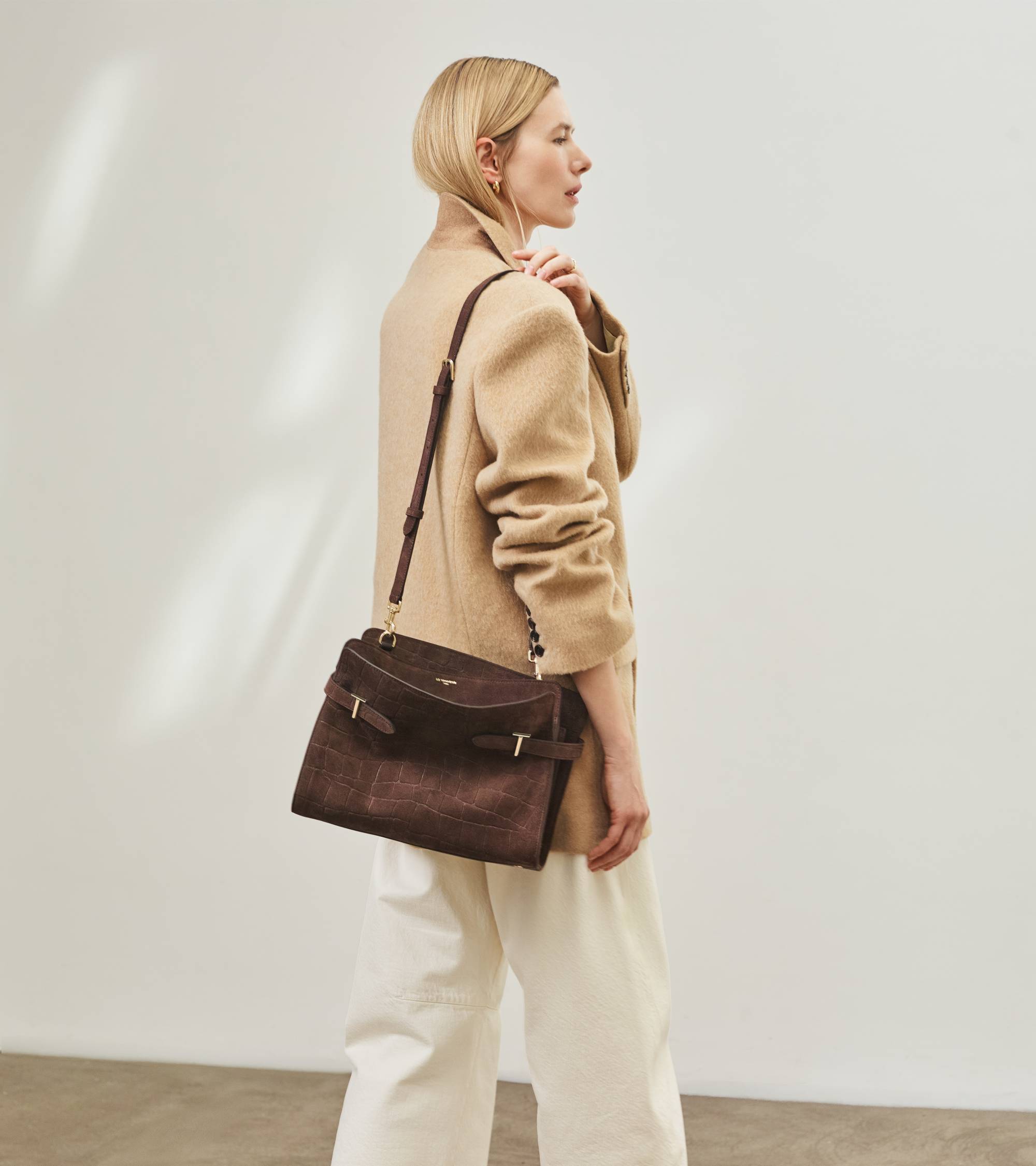 Emie large shoulder bag in mock croc suede split leather