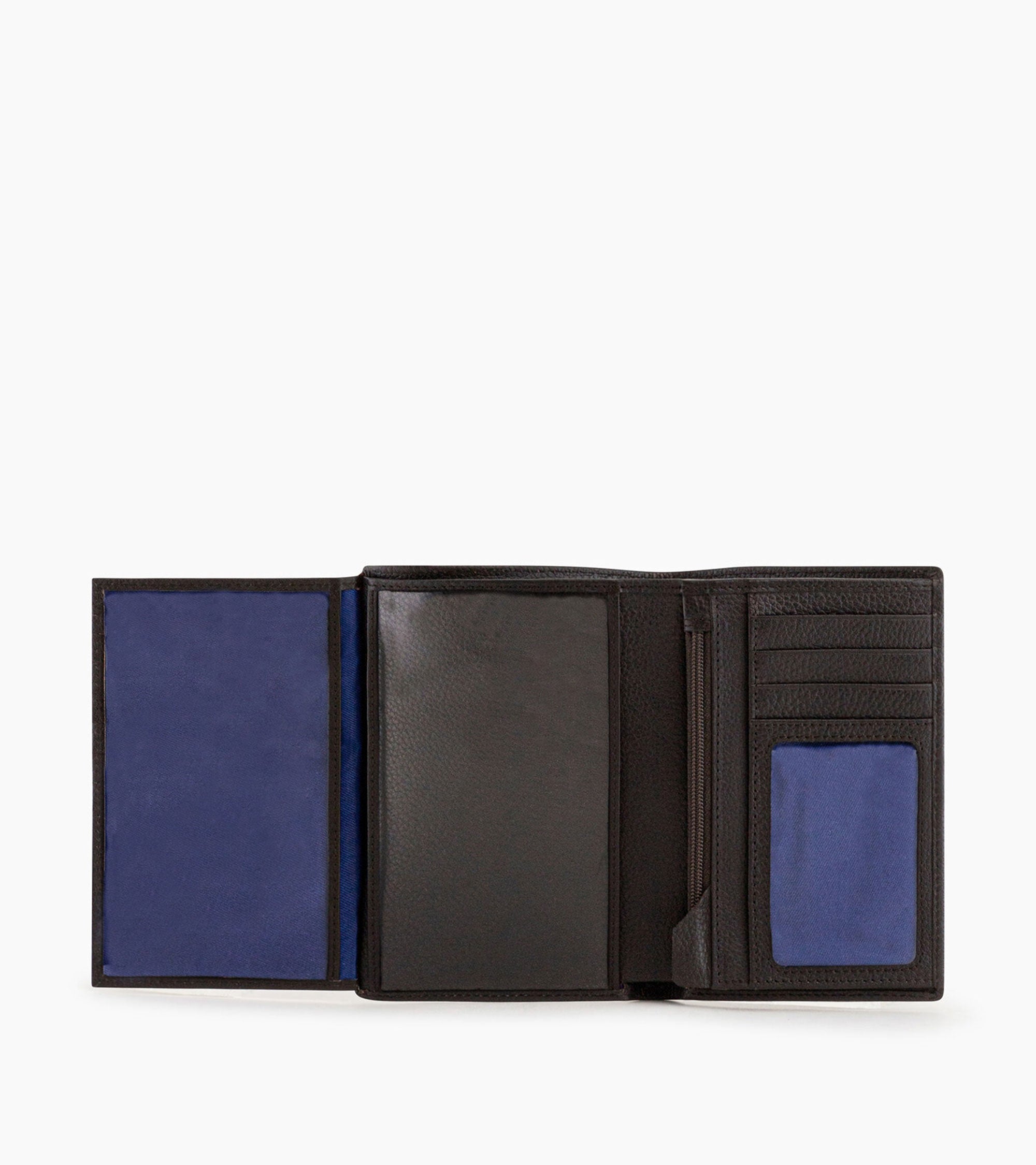 large, vertical, zipped wallet with 2 gussets in grained leather