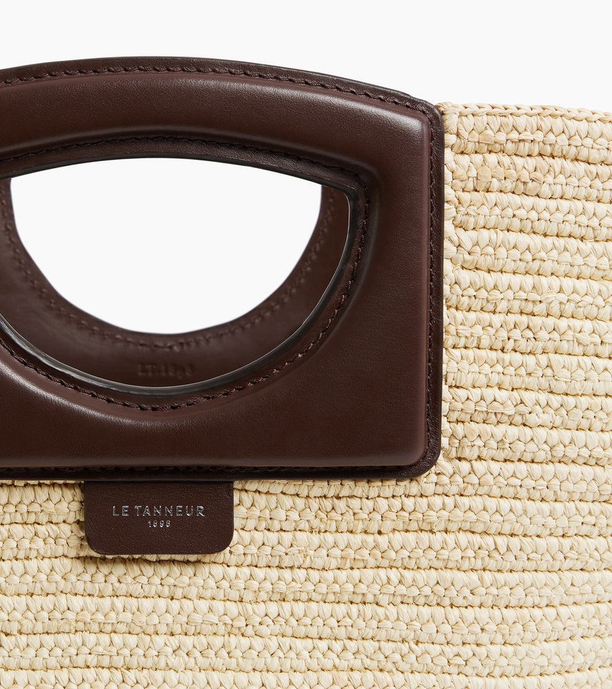 Large tote bag in natural raffia and smooth vegetable leather